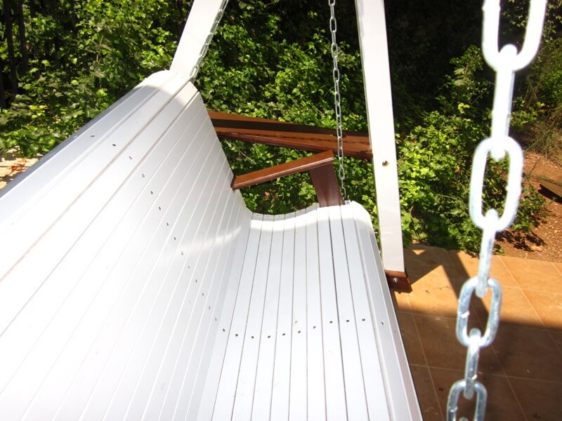 Custom built outdoor swing, painted in white and brown